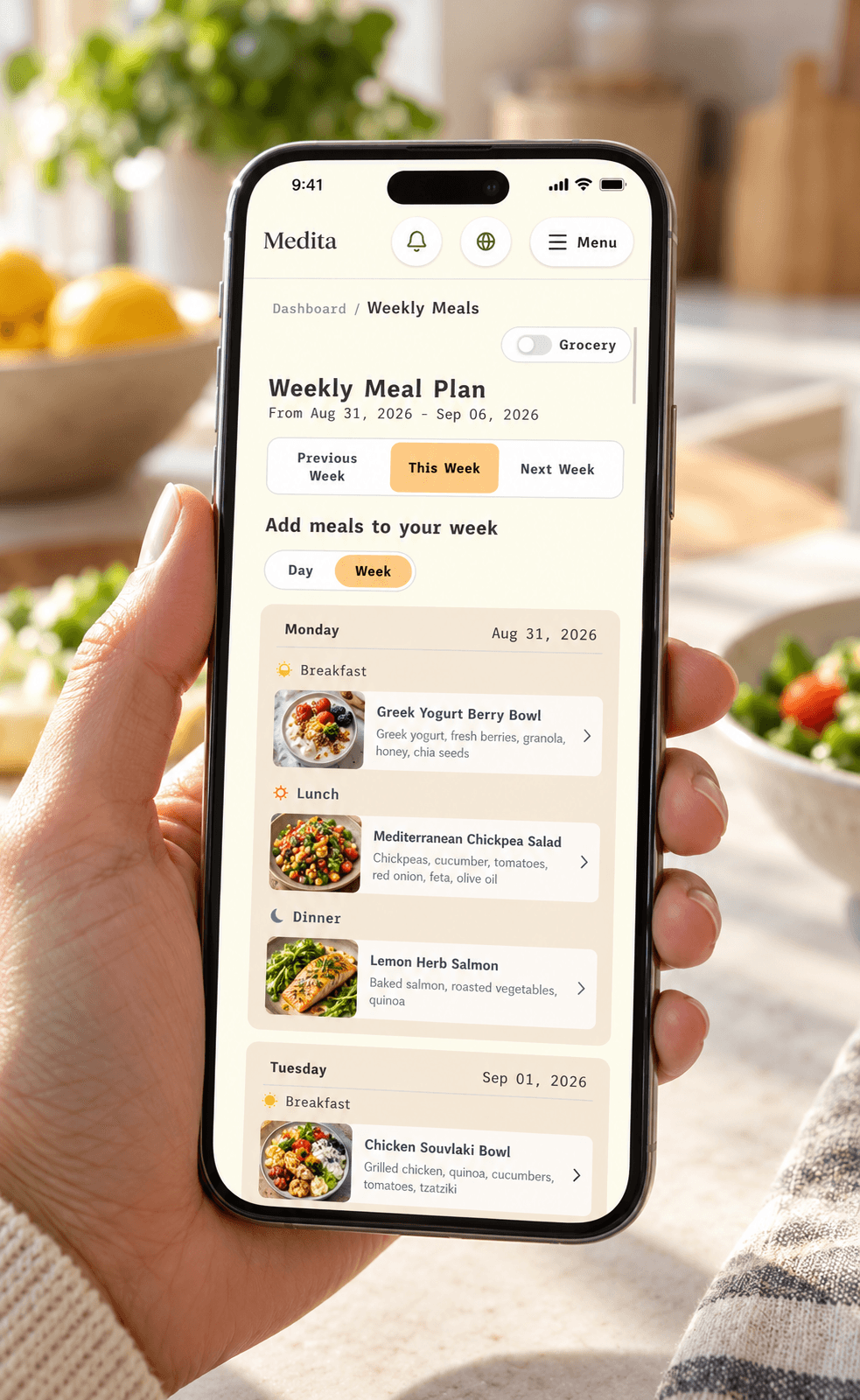 Medita weekly meal planner displayed on a smartphone