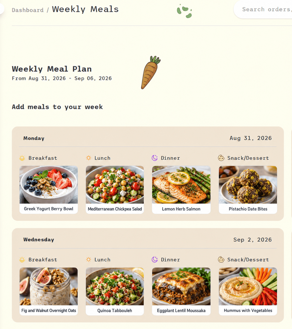 Medita meal-planner dashboard with weekly recipes and grocery planning tools